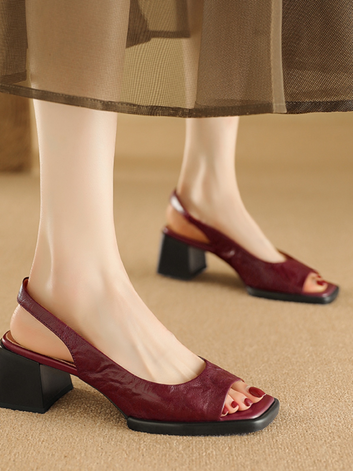 Chunky Heel Peep Toe Sandals for Women - Simple Square Toe, Back Strap, High Heel, 2025 Summer Style in Layered Cowhide Chunky Heel Peep Toe Sandals for Women - Simple Square Toe, Back Strap, High Heel, 2025 Summer Style in Layered Cowhide