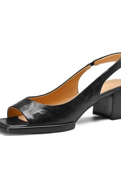 Chunky Heel Peep Toe Sandals for Women - Simple Square Toe, Back Strap, High Heel, 2025 Summer Style in Layered Cowhide