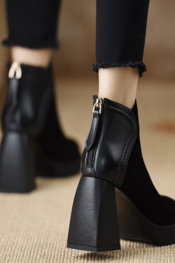 Chunky Heel Short Boots - Waterproof Genuine Leather, Height-Enhancing 9CM, Stylish Coffee Color, Perfect for Y2K and 90s Fashion