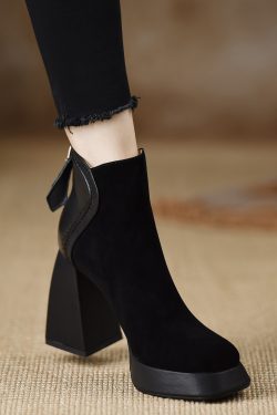 Chunky Heel Short Boots - Waterproof Genuine Leather, Height-Enhancing 9CM, Stylish Coffee Color, Perfect for Y2K and 90s Fashion