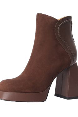 Chunky Heel Short Boots - Waterproof Genuine Leather, Height-Enhancing 9CM, Stylish Coffee Color, Perfect for Y2K and 90s Fashion