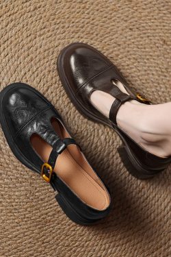 Chunky Heel T-Strap Loafers for Women - Mid-Heel Round Toe Hollow-Out Leather Shoes, 2025 Trendy Fashion Footwear