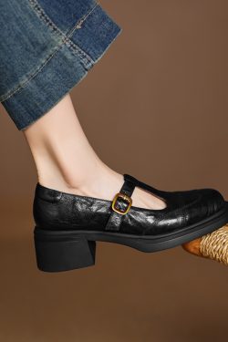 Chunky Heel T-Strap Loafers for Women - Mid-Heel Round Toe Hollow-Out Leather Shoes, 2025 Trendy Fashion Footwear