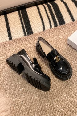 Chunky Heel Thick-Soled Loafers for Women - British Style Black Slip-On Leather Flats with Height-Increasing Design