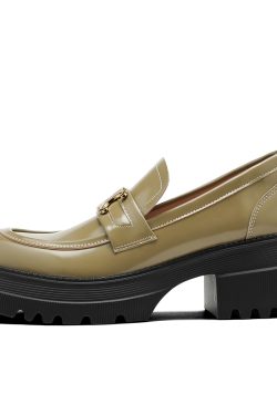 Chunky Heel Thick-Soled Loafers for Women - British Style Black Slip-On Leather Flats with Height-Increasing Design