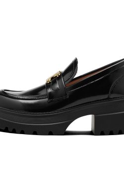 Chunky Heel Thick-Soled Loafers for Women - British Style Black Slip-On Leather Flats with Height-Increasing Design