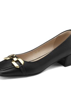 Chunky Heel Women's Genuine Leather Slip-On Shoes with Metal Buckle - Square Toe Italian Style Footwear