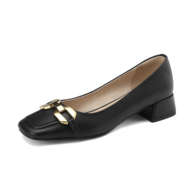 Chunky Heel Women's Genuine Leather Slip-On Shoes with Metal Buckle - Square Toe Italian Style Footwear Chunky Heel Women's Genuine Leather Slip-On Shoes with Metal Buckle - Square Toe Italian Style Footwear