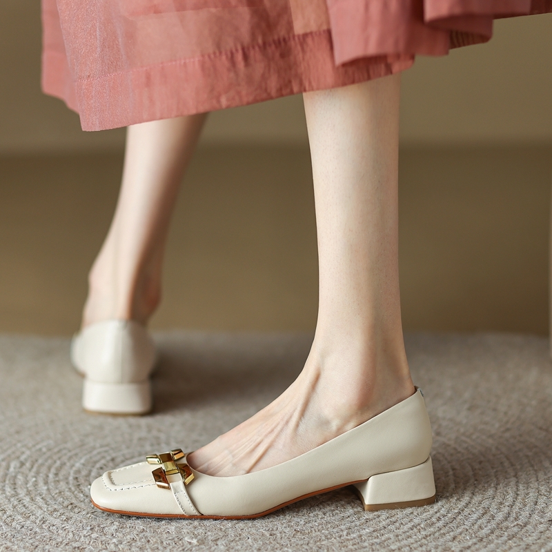 Chunky Heel Women's Genuine Leather Slip-On Shoes with Metal Buckle - Square Toe Italian Style Footwear Chunky Heel Women's Genuine Leather Slip-On Shoes with Metal Buckle - Square Toe Italian Style Footwear