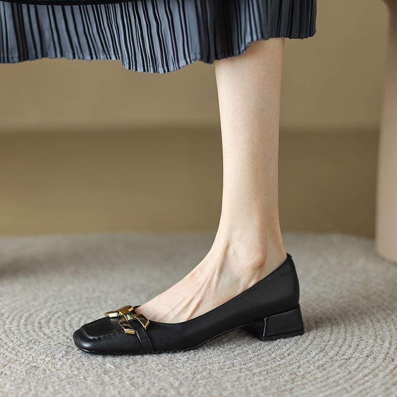 Chunky Heel Women's Genuine Leather Slip-On Shoes with Metal Buckle - Square Toe Italian Style Footwear Chunky Heel Women's Genuine Leather Slip-On Shoes with Metal Buckle - Square Toe Italian Style Footwear