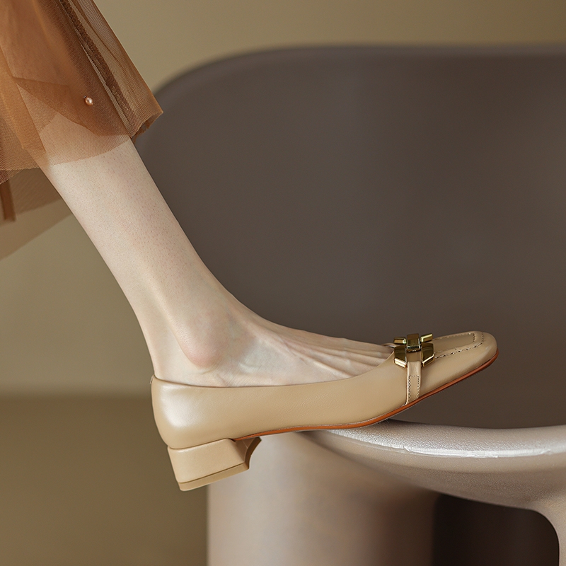 Chunky Heel Women's Genuine Leather Slip-On Shoes with Metal Buckle - Square Toe Italian Style Footwear Chunky Heel Women's Genuine Leather Slip-On Shoes with Metal Buckle - Square Toe Italian Style Footwear