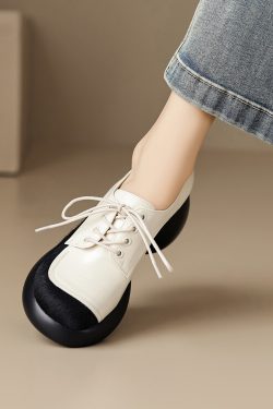 Chunky Heel Women's Italian-Style Genuine Leather Round Shoes - Comfortable Thick-Soled Soft Sole 6.5 cm Height