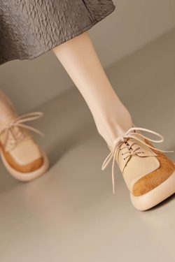 Chunky Heel Women's Italian-Style Genuine Leather Round Shoes - Comfortable Thick-Soled Soft Sole 6.5 cm Height