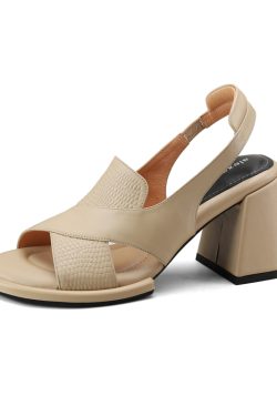 Chunky-Heeled Backless Sandals for Women - Genuine Leather Open-Toe Roman Shoes in Apricot - Stylish Commuting Footwear