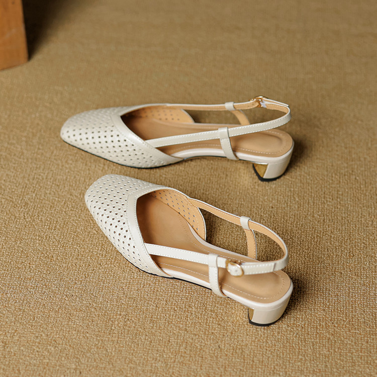 Chunky Heeled Hollow Out Open-Toe Sandals for Women - Summer Genuine Leather Backless Footwear - 3CM Comfort Sole Chunky Heeled Hollow Out Open-Toe Sandals for Women - Summer Genuine Leather Backless Footwear - 3CM Comfort Sole