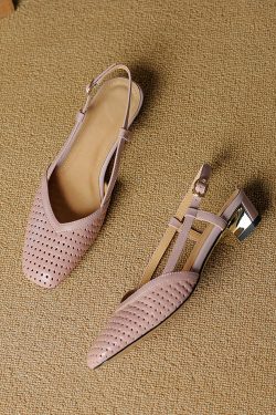 Chunky Heeled Hollow Out Open-Toe Sandals for Women - Summer Genuine Leather Backless Footwear - 3CM Comfort Sole