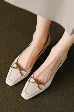 Chunky High Heels for Women - Retro French Literary Style Genuine Leather Two-Way Wear with Metal Buckle