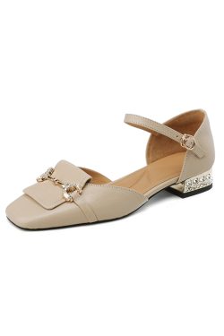 Chunky Low Heel Hollow Toe Sandals for Women with Pearl Buckle - Plus Size 41, Summer 2025 Style, Sheepskin Comfort