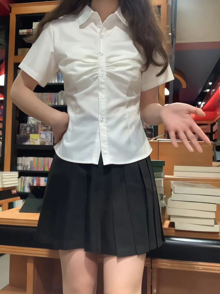 Cinch Waist Short-Sleeve Shirt, Japanese College Style Top, Spicy Girl Outfit, Spring/Summer Women's Fashion Cinch Waist Short-Sleeve Shirt, Japanese College Style Top, Spicy Girl Outfit, Spring/Summer Women's Fashion