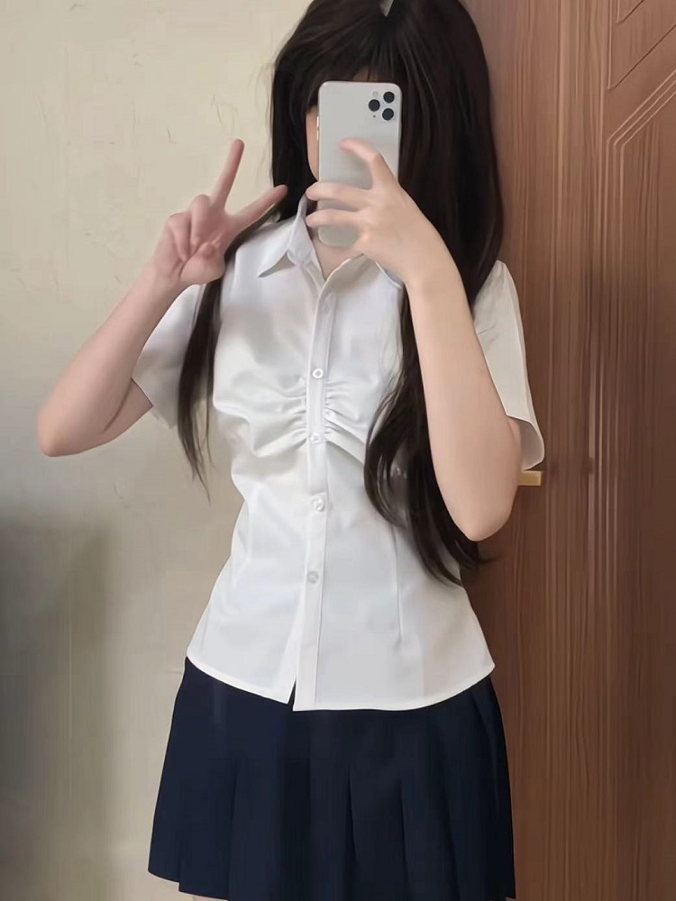 Cinch Waist Short-Sleeve Shirt, Japanese College Style Top, Spicy Girl Outfit, Spring/Summer Women's Fashion Cinch Waist Short-Sleeve Shirt, Japanese College Style Top, Spicy Girl Outfit, Spring/Summer Women's Fashion