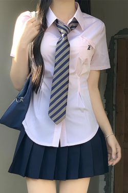 Cinch Waist White and Blue JK Uniform Shirt for Women - Pudding Bear Inspired Niche Top for Spring and Autumn Fashion