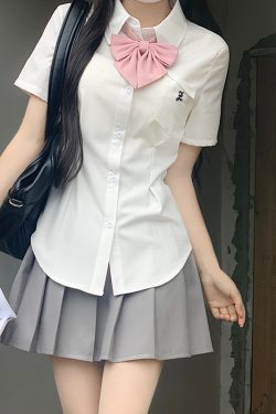 Cinch Waist White and Blue JK Uniform Shirt for Women - Pudding Bear Inspired Niche Top for Spring and Autumn Fashion