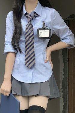 Cinch Waist White and Blue JK Uniform Shirt for Women - Pudding Bear Inspired Niche Top for Spring and Autumn Fashion