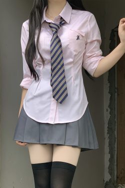Cinch Waist White and Blue JK Uniform Shirt for Women - Pudding Bear Inspired Niche Top for Spring and Autumn Fashion