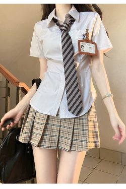 Cinch Waist White and Blue JK Uniform Shirt for Women - Pudding Bear Inspired Niche Top for Spring and Autumn Fashion