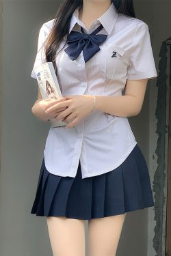Cinch Waist White and Blue JK Uniform Shirt for Women - Pudding Bear Inspired Niche Top for Spring and Autumn Fashion