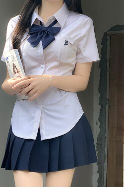 Cinch Waist White and Blue JK Uniform Shirt for Women - Pudding Bear Inspired Niche Top for Spring and Autumn Fashion