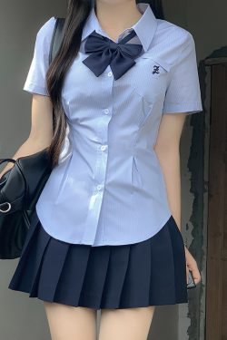 Cinch Waist White and Blue JK Uniform Shirt for Women - Pudding Bear Inspired Niche Top for Spring and Autumn Fashion