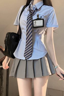 Cinch Waist White and Blue JK Uniform Shirt for Women - Pudding Bear Inspired Niche Top for Spring and Autumn Fashion