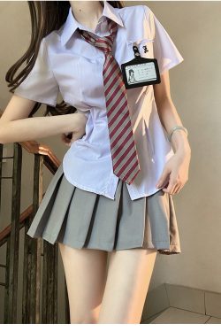 Cinch Waist White and Blue JK Uniform Shirt for Women - Pudding Bear Inspired Niche Top for Spring and Autumn Fashion
