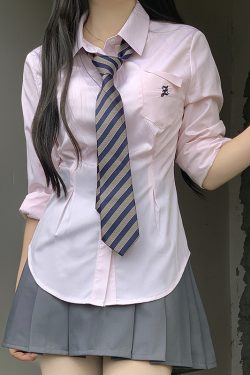 Cinch Waist White and Blue JK Uniform Shirt for Women - Pudding Bear Inspired Niche Top for Spring and Autumn Fashion
