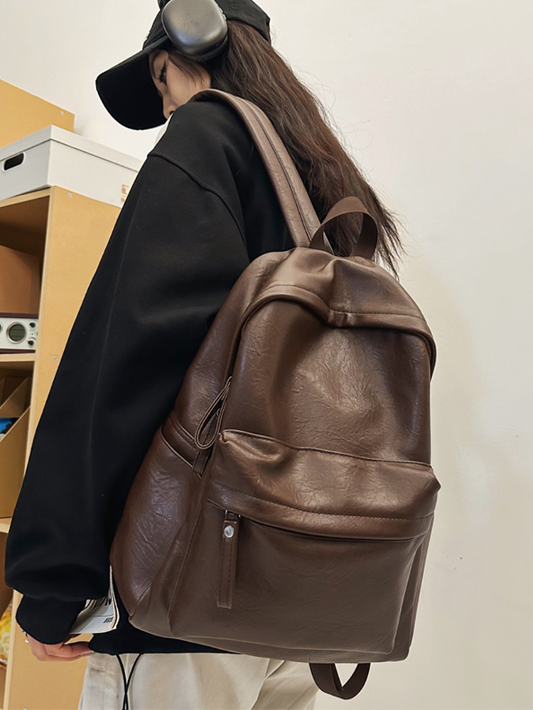 Classic Retro Unisex Soft Leather Backpack - Waterproof Solid Color Laptop Bag for Students and Daily Use Classic Retro Unisex Soft Leather Backpack - Waterproof Solid Color Laptop Bag for Students and Daily Use