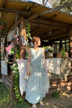 Cloud Flower Butterfly Retro Sheer Mesh Cover Dress - Women's Summer Loose A-Line Long Dress in Vintage Style