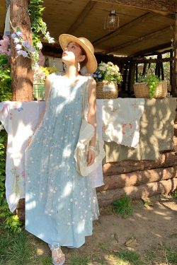 Cloud Flower Butterfly Retro Sheer Mesh Cover Dress - Women's Summer Loose A-Line Long Dress in Vintage Style
