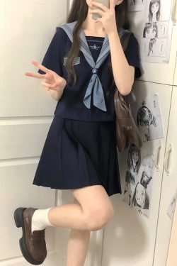Cloud Sailor Girl High School JK Uniform Outfit Set - Camellia Print Long & Short Sleeve Top, Classic Sailor Style