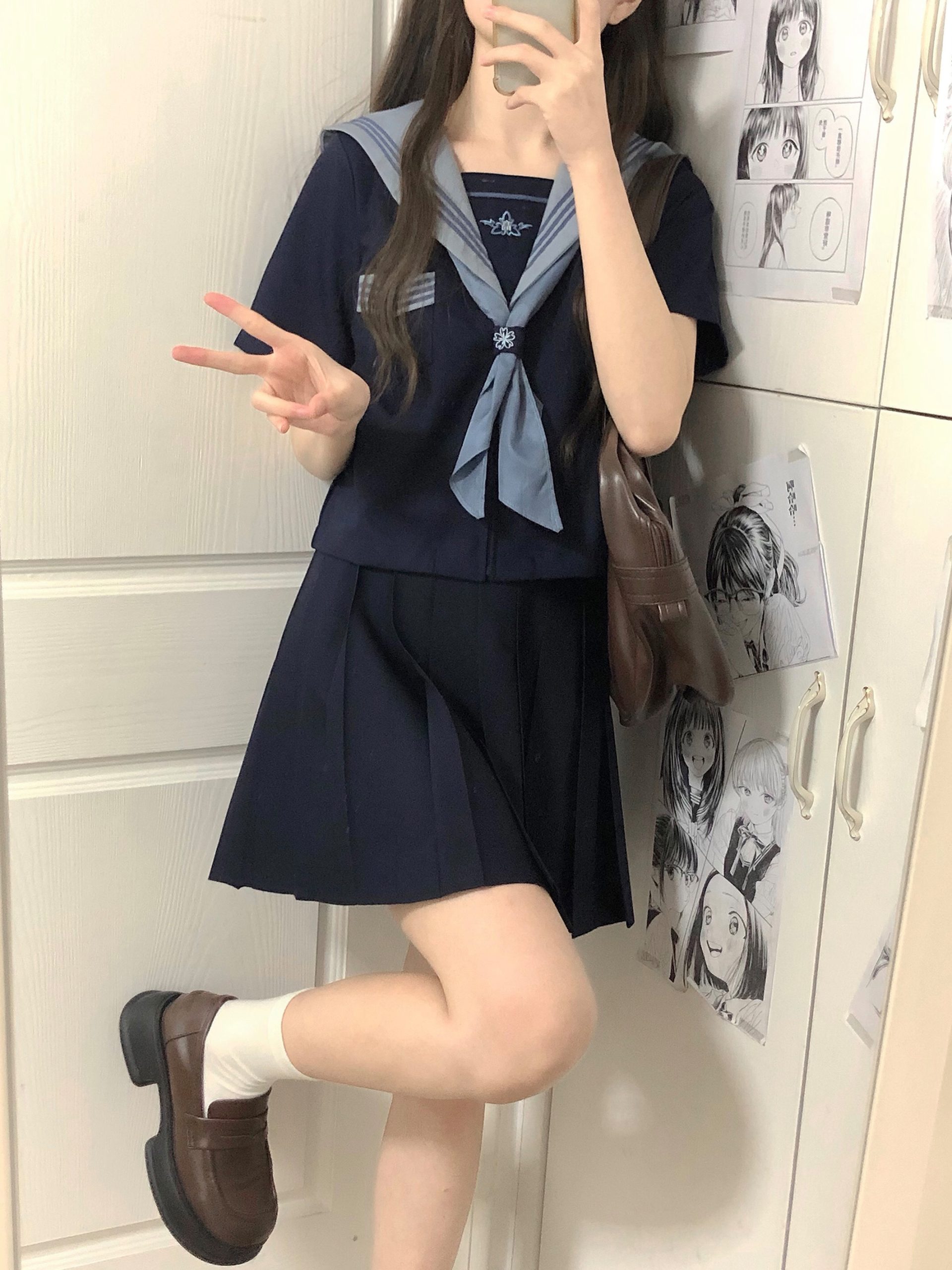 Cloud Sailor Girl High School JK Uniform Outfit Set - Camellia Print Long & Short Sleeve Top, Classic Sailor Style Cloud Sailor Girl High School JK Uniform Outfit Set - Camellia Print Long & Short Sleeve Top, Classic Sailor Style