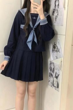 Cloud Sailor Girl High School JK Uniform Outfit Set - Camellia Print Long & Short Sleeve Top, Classic Sailor Style