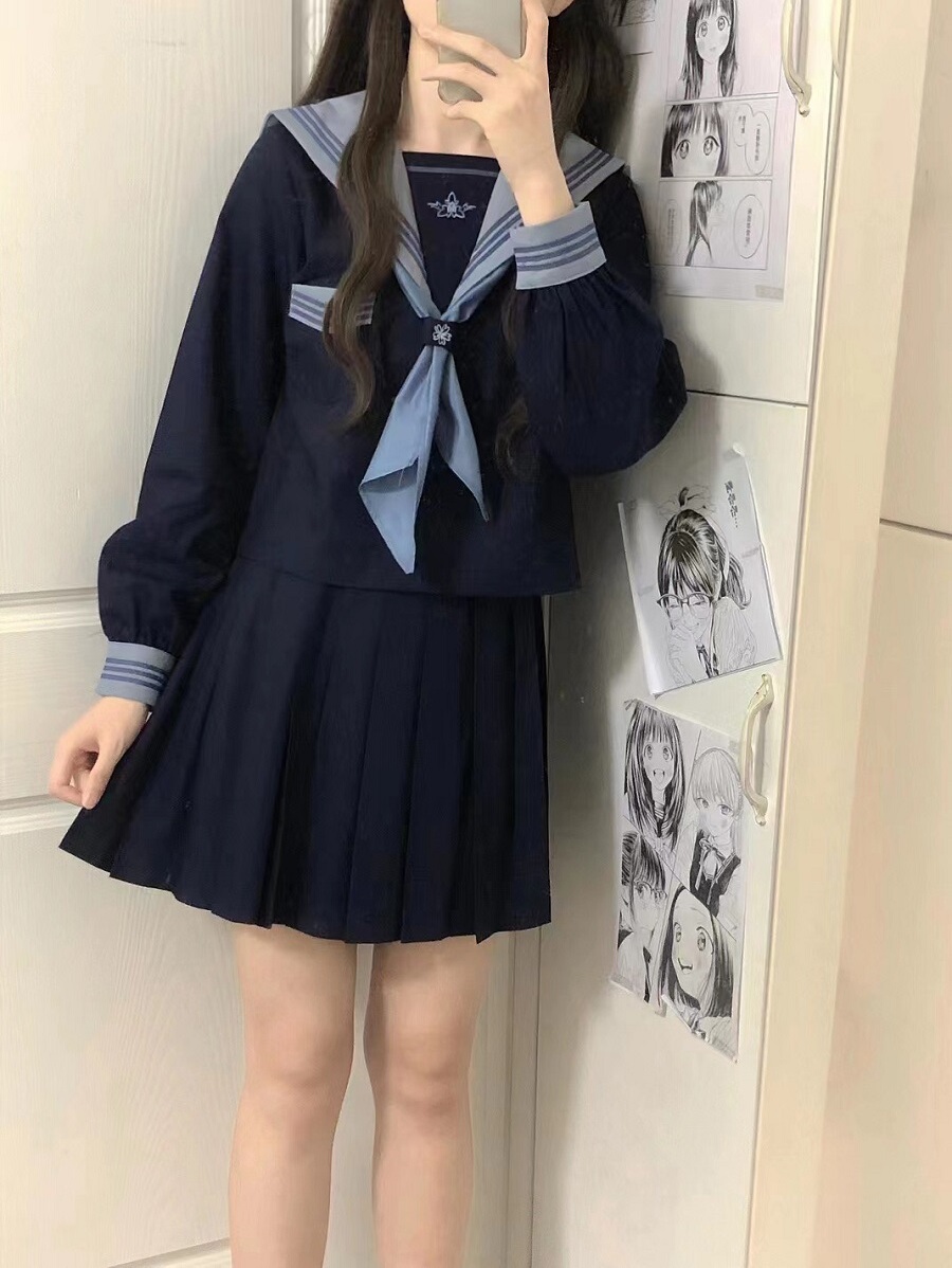 Cloud Sailor Girl High School JK Uniform Outfit Set - Camellia Print Long & Short Sleeve Top, Classic Sailor Style Cloud Sailor Girl High School JK Uniform Outfit Set - Camellia Print Long & Short Sleeve Top, Classic Sailor Style