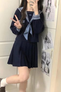 Cloud Sailor Girl High School JK Uniform Outfit Set - Camellia Print Long & Short Sleeve Top, Classic Sailor Style