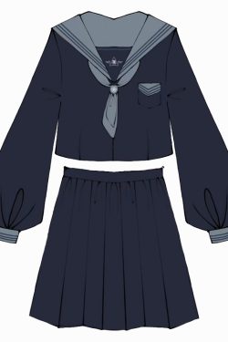 Cloud Sailor Girl High School JK Uniform Outfit Set - Camellia Print Long & Short Sleeve Top, Classic Sailor Style