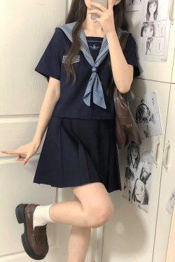 Cloud Sailor Girl High School JK Uniform Outfit Set - Camellia Print Long & Short Sleeve Top, Classic Sailor Style
