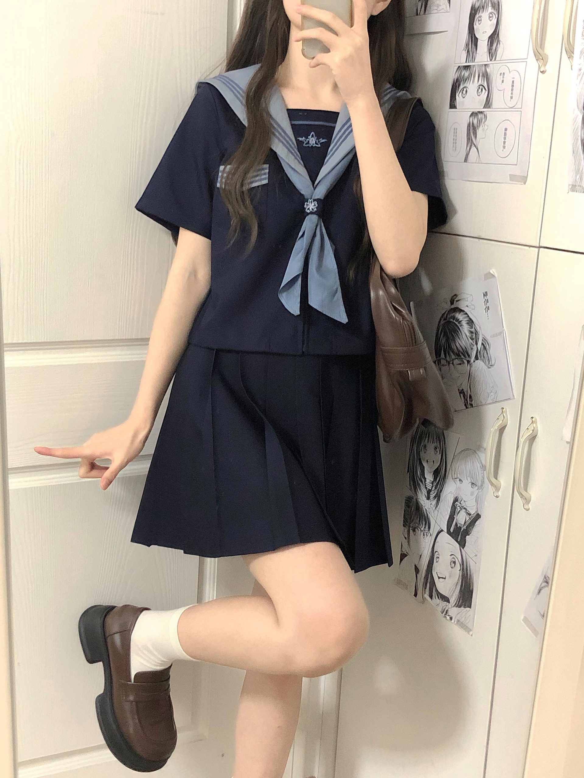 Cloud Sailor Girl High School JK Uniform Outfit Set - Camellia Print Long & Short Sleeve Top, Classic Sailor Style Cloud Sailor Girl High School JK Uniform Outfit Set - Camellia Print Long & Short Sleeve Top, Classic Sailor Style