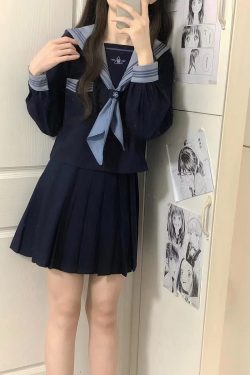 Cloud Sailor Girl High School JK Uniform Outfit Set - Camellia Print Long & Short Sleeve Top, Classic Sailor Style