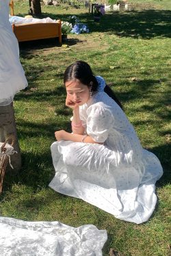 Cloudy Blue Sky Vintage Floral Cotton Blend Dress for Women - Summer Hollow Lace A-Line Long Skirt, Perfect for 90s and Y2K Style