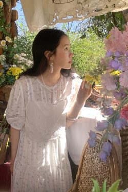 Cloudy Blue Sky Vintage Floral Cotton Blend Dress for Women - Summer Hollow Lace A-Line Long Skirt, Perfect for 90s and Y2K Style