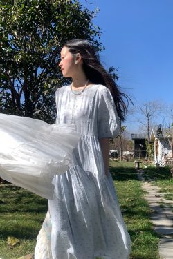 Cloudy Blue Sky Vintage Floral Cotton Blend Dress for Women - Summer Hollow Lace A-Line Long Skirt, Perfect for 90s and Y2K Style